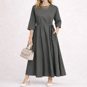 Unaya Grey Side Tie Maxi Fit & Flare Dress S Minimalist Quiet Luxury Modest